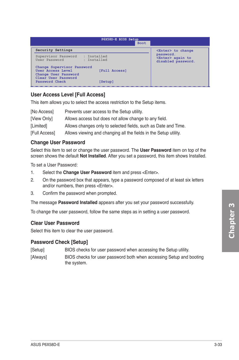 Chapter 3, User access level [full access, Change user password | Clear user password, Password check [setup | Asus P6X58D-E User Manual | Page 91 / 128