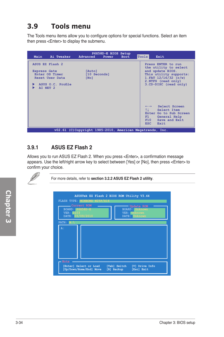 9 tools menu, 1 asus ez flash 2, Tools menu -34 3.9.1 | Asus ez flash 2 -34, Chapter 3 3.9 tools menu | Asus P6X58D-E User Manual | Page 92 / 128