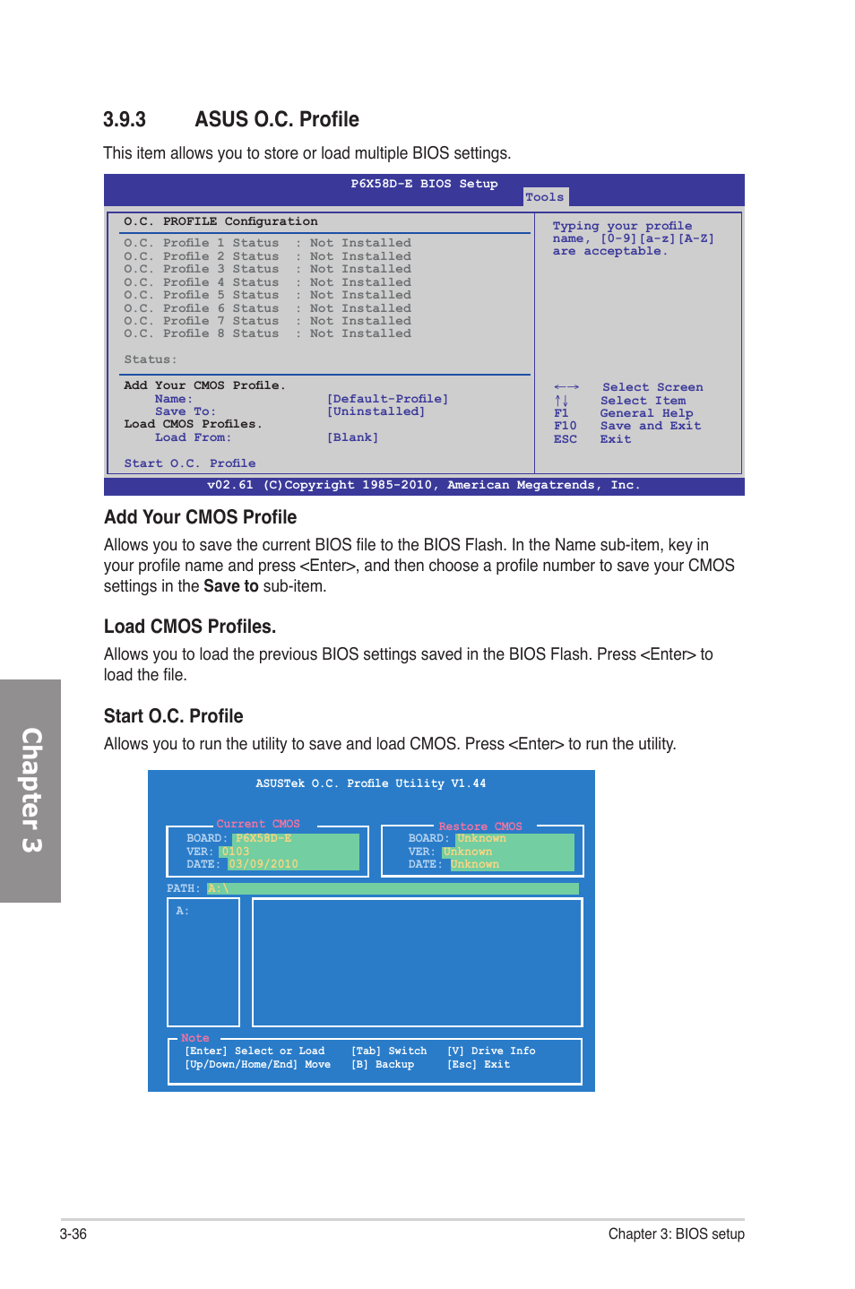 3 asus o.c. profile, Asus o.c. profile -36, Chapter 3 | Add your cmos profile, Load cmos profiles, Start o.c. profile | Asus P6X58D-E User Manual | Page 94 / 128