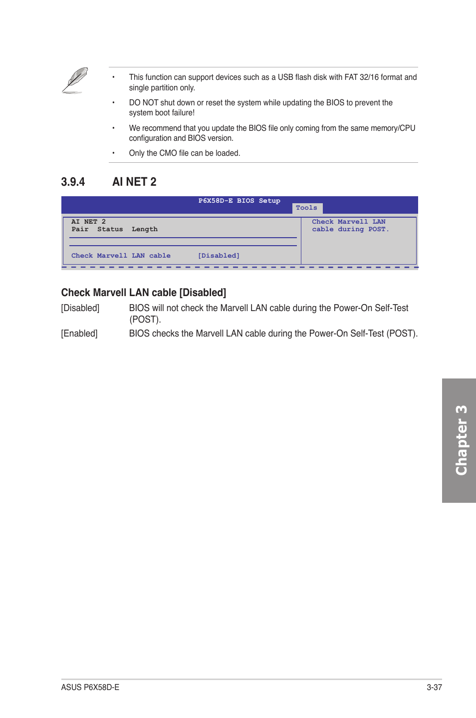 4 ai net 2, Ai net 2 -37, Chapter 3 | Check marvell lan cable [disabled | Asus P6X58D-E User Manual | Page 95 / 128