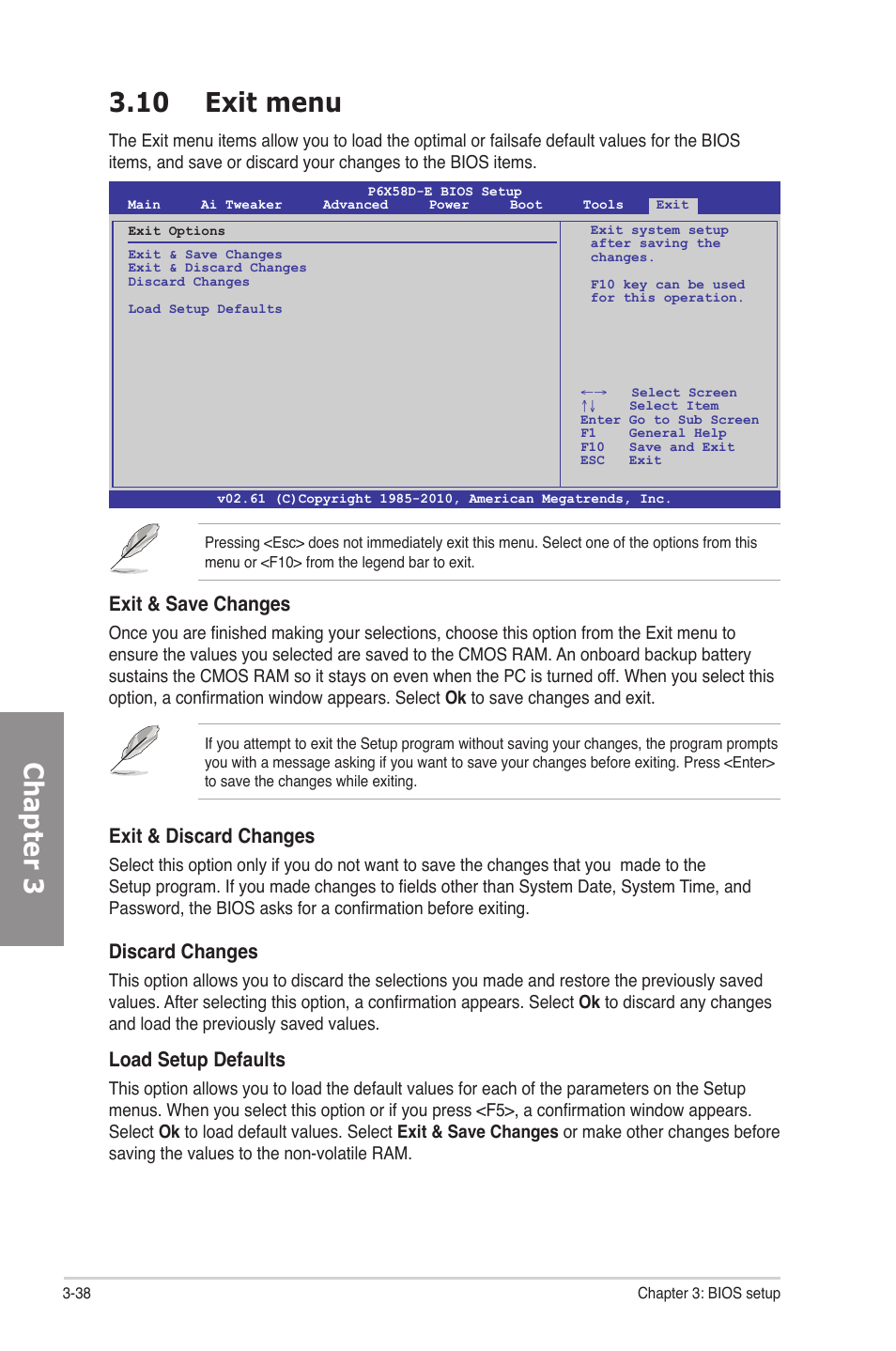 10 exit menu, Exit menu -38, Chapter 3 3.10 exit menu | Exit & save changes, Exit & discard changes, Discard changes, Load setup defaults | Asus P6X58D-E User Manual | Page 96 / 128