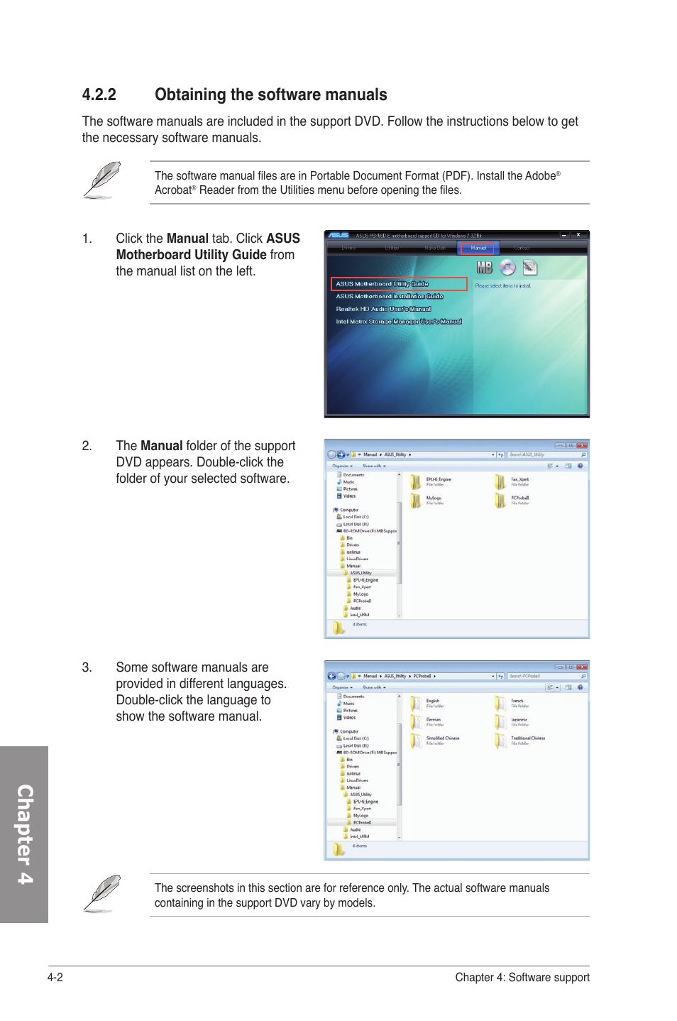 2 obtaining the software manuals, Obtaining the software manuals -2, Chapter 4 | Asus P6X58D-E User Manual | Page 98 / 128