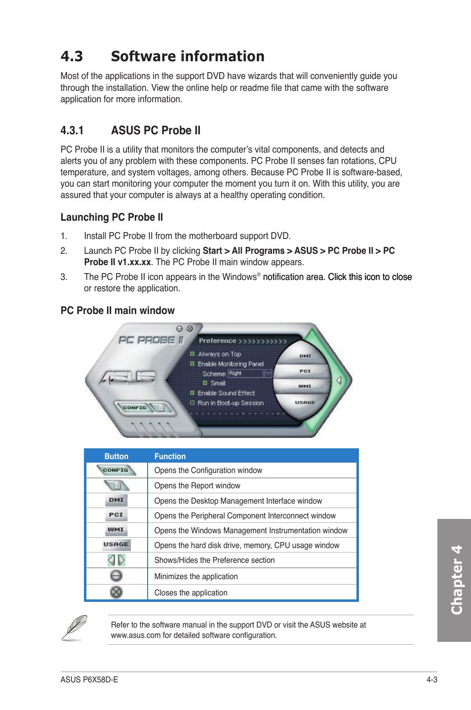 3 software information, 1 asus pc probe ii, Software information -3 4.3.1 | Asus pc probe ii -3, Chapter 4 4.3 software information | Asus P6X58D-E User Manual | Page 99 / 128