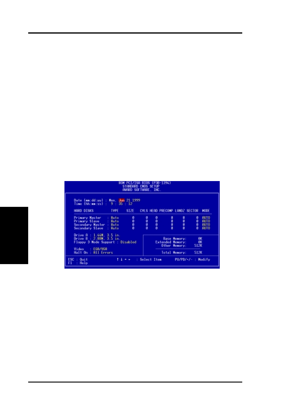 Bios setup, 3 standard cmos setup | Asus P3B-1394 User Manual | Page 44 / 104