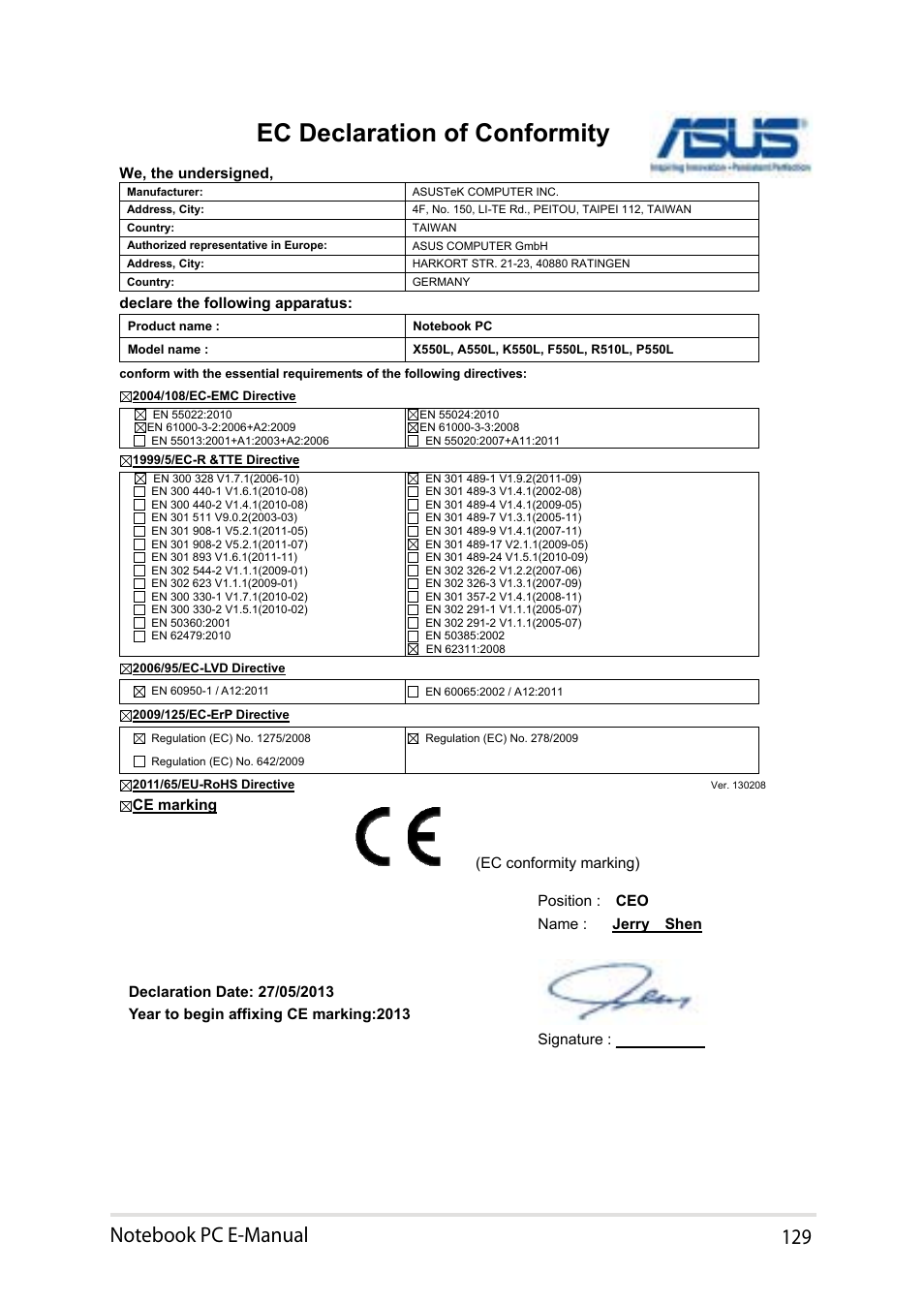 Ec declaration of conformity | Asus X450LN User Manual | Page 129 / 130