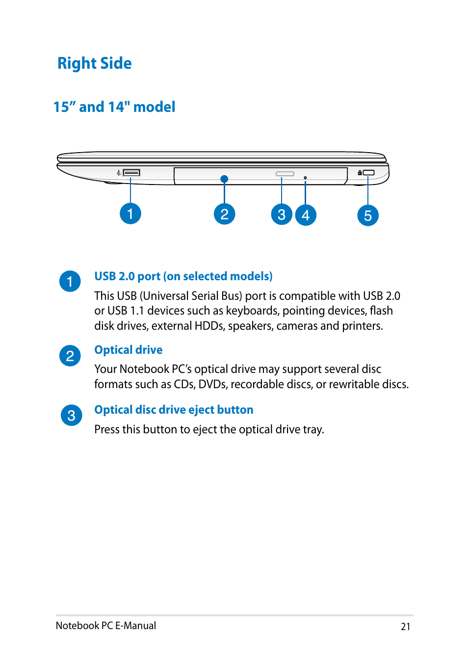 Right side, 15” and 14" model | Asus X450LN User Manual | Page 21 / 130