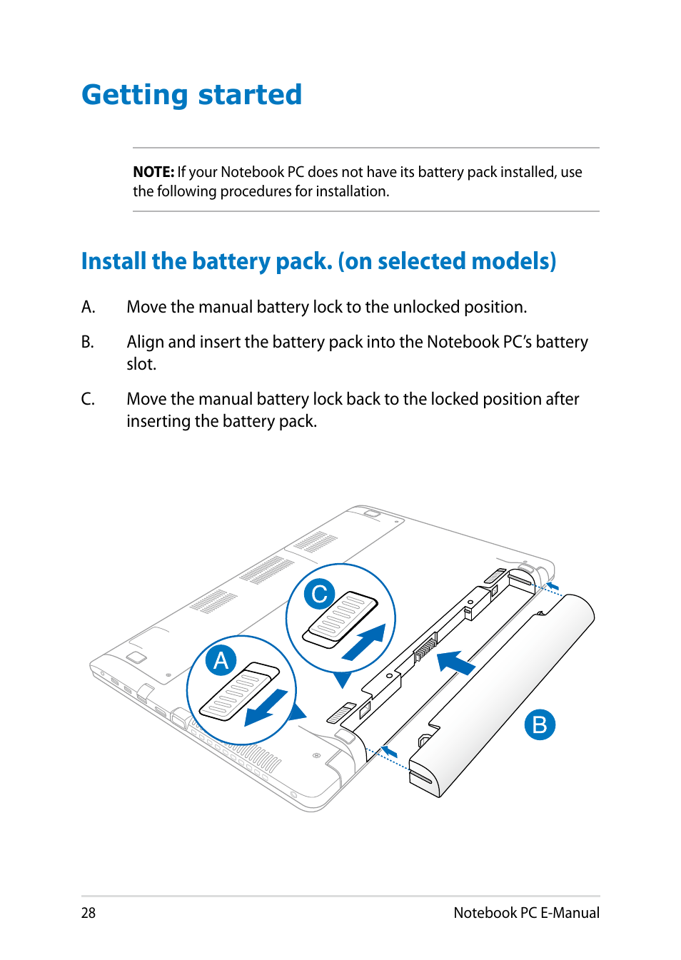 Getting started, Install the battery pack. (on selected models) | Asus X450LN User Manual | Page 28 / 130