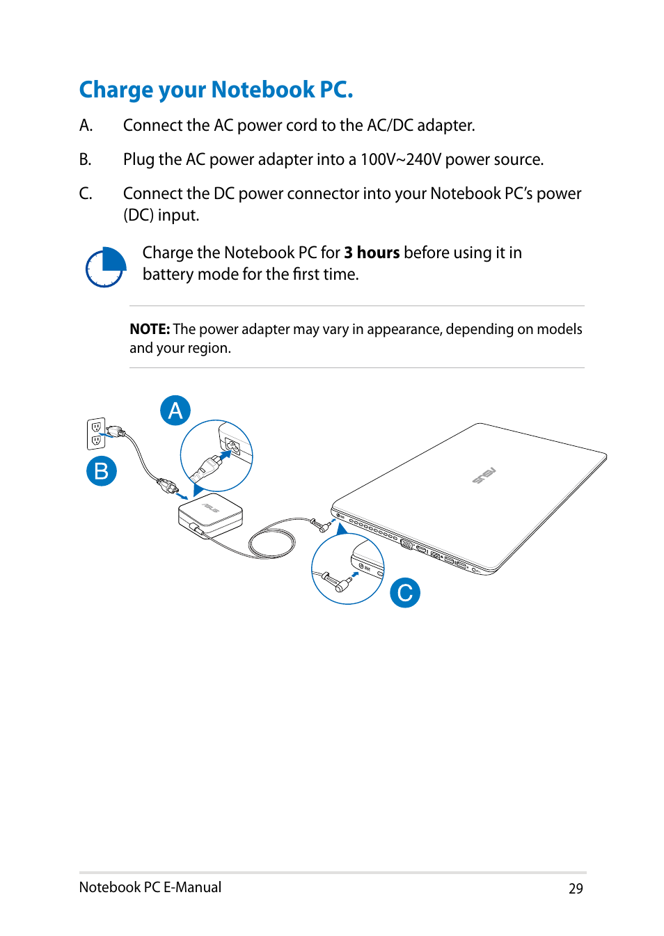 Charge your notebook pc | Asus X450LN User Manual | Page 29 / 130