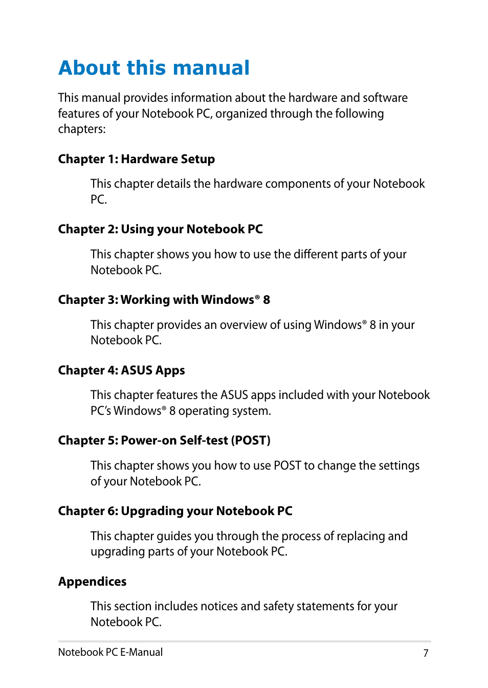 About this manual | Asus X450LN User Manual | Page 7 / 130