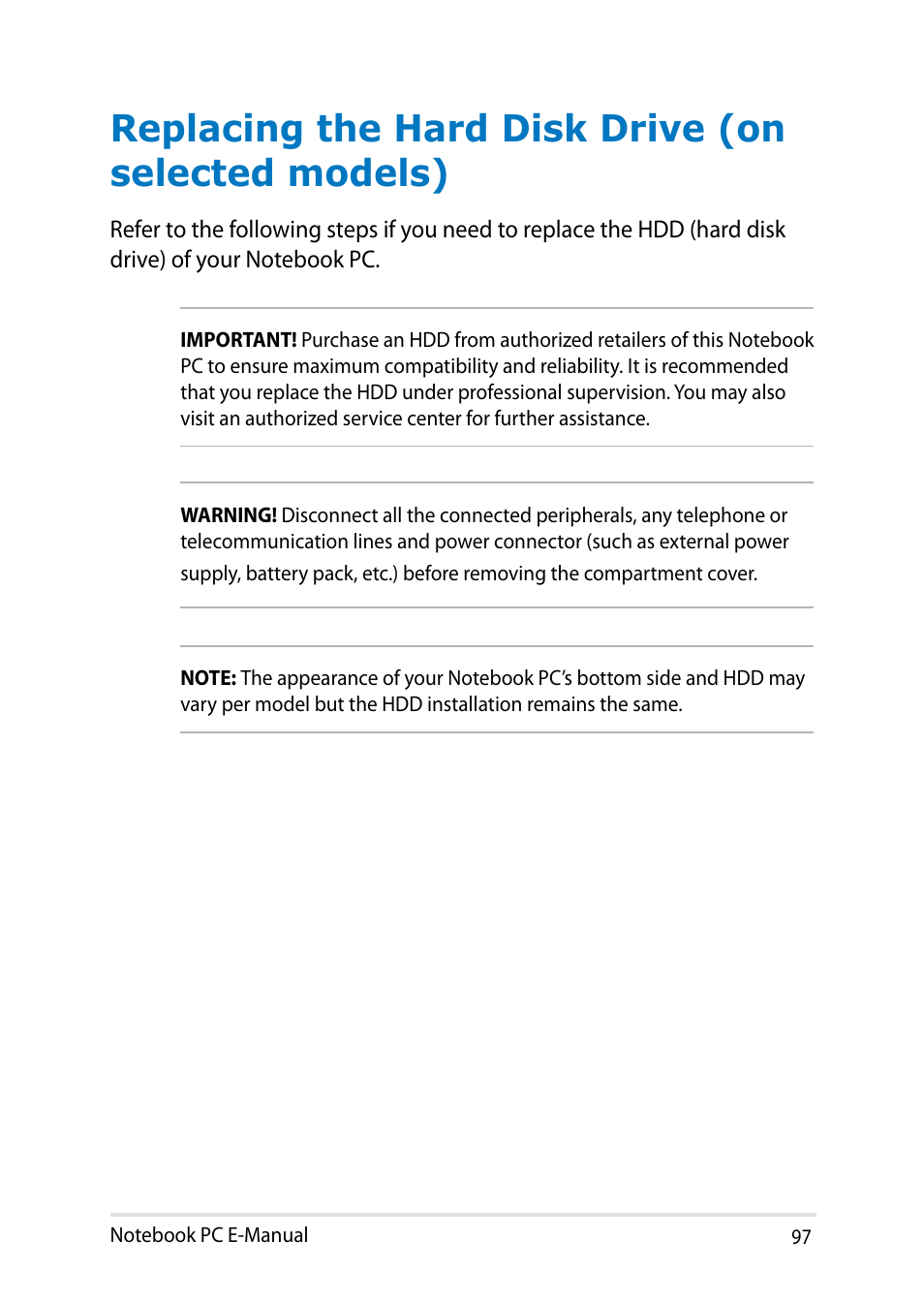 Replacing the hard disk drive (on selected models) | Asus X450LN User Manual | Page 97 / 130