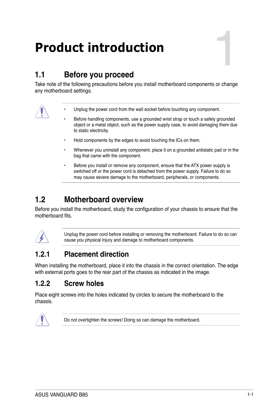 Product introduction, 1 before you proceed, 2 motherboard overview | Before you proceed -1, Motherboard overview -1 | Asus VANGUARD B85 User Manual | Page 11 / 86