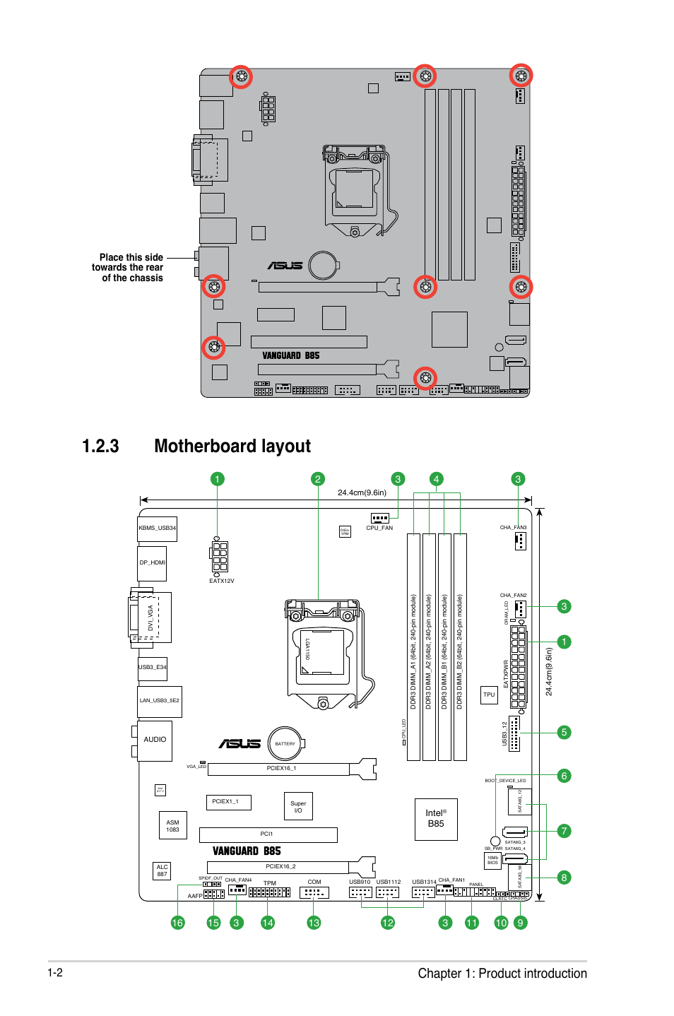 3 motherboard layout, Chapter 1: product introduction, Place this side towards the rear of the chassis | Asus VANGUARD B85 User Manual | Page 12 / 86