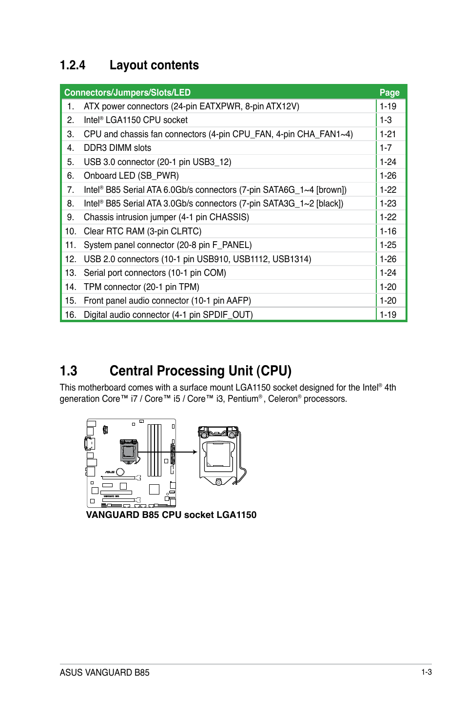 3 central processing unit (cpu), Central processing unit (cpu) -3, 4 layout contents | Asus VANGUARD B85 User Manual | Page 13 / 86