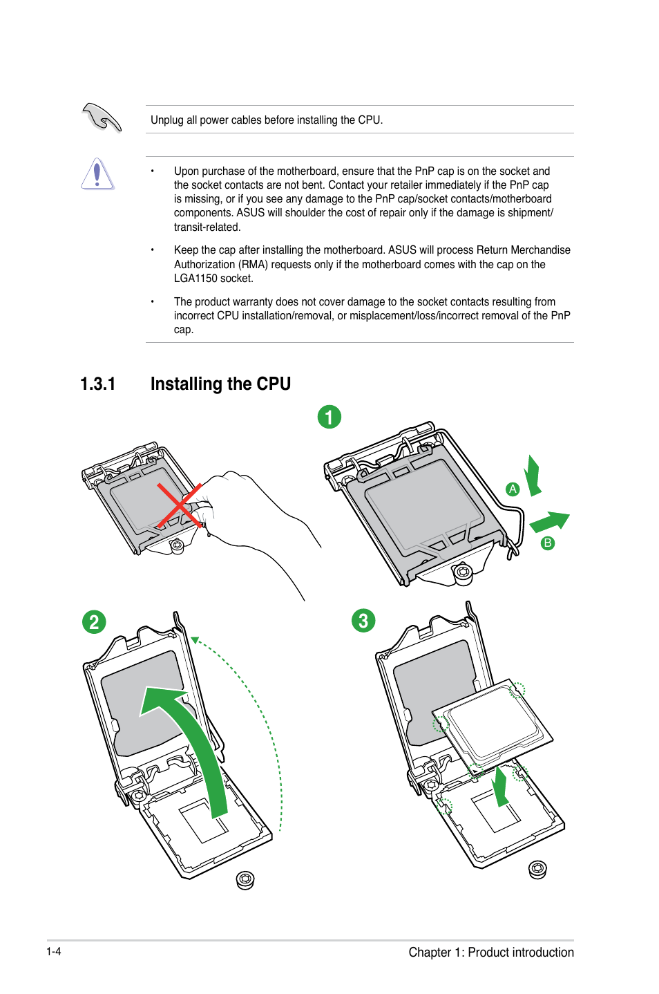 1 installing the cpu | Asus VANGUARD B85 User Manual | Page 14 / 86