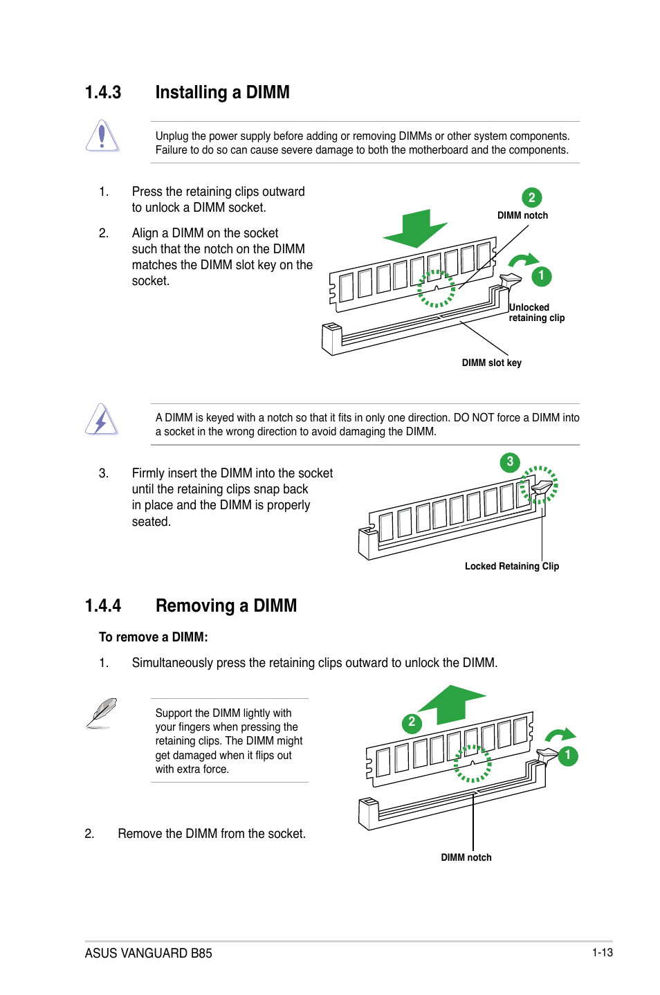 3 installing a dimm, 4 removing a dimm | Asus VANGUARD B85 User Manual | Page 23 / 86