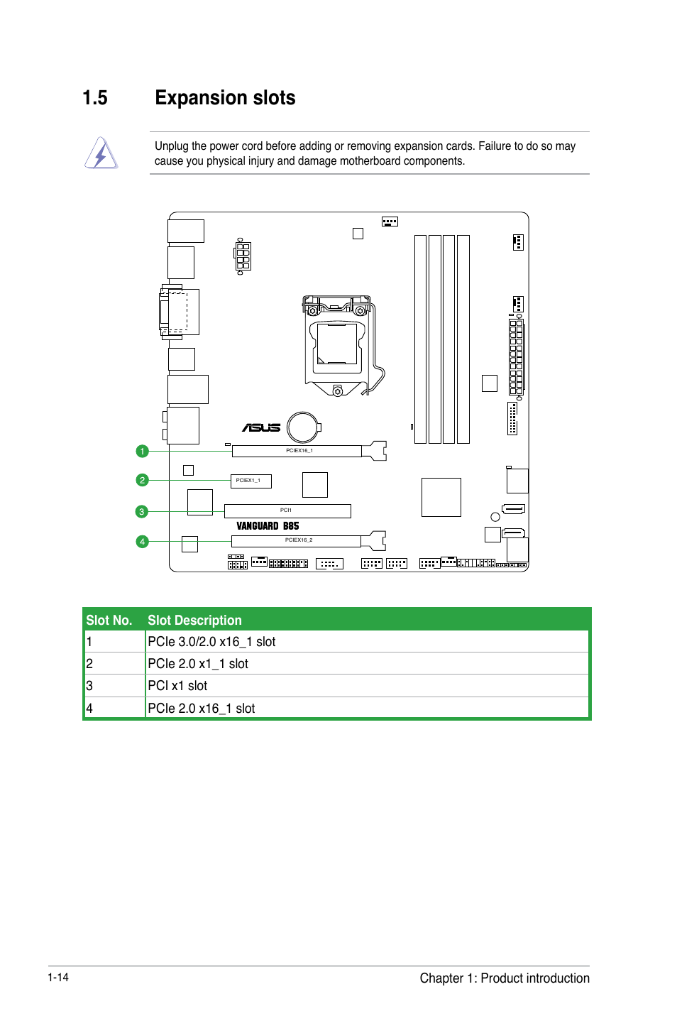 5 expansion slots, Expansion slots -14 | Asus VANGUARD B85 User Manual | Page 24 / 86