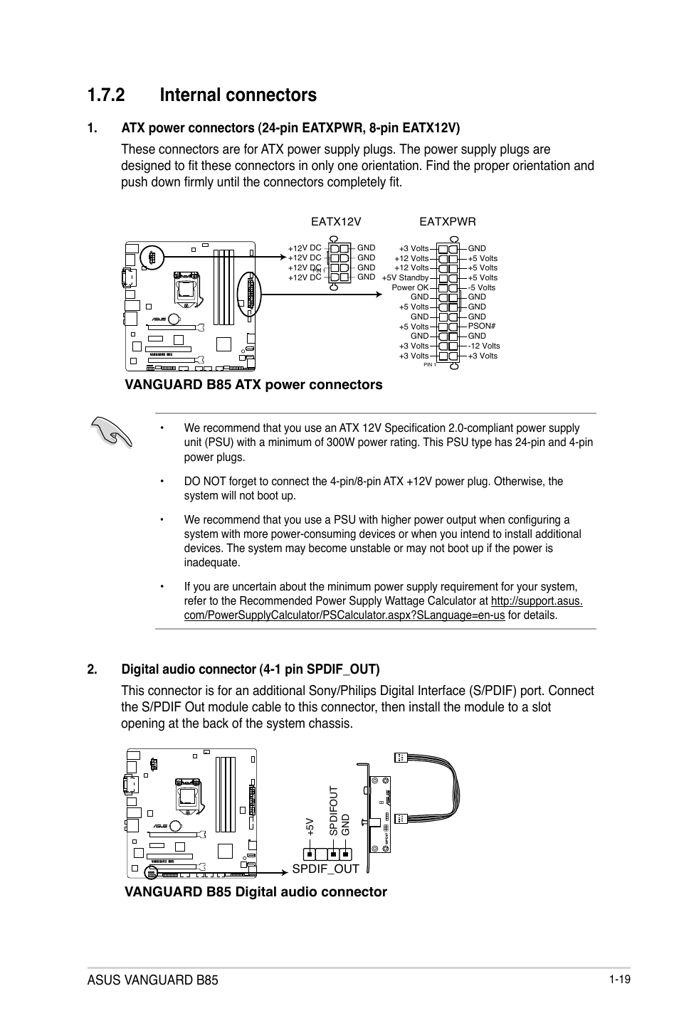 2 internal connectors, Asus vanguard b85, Vanguard b85 digital audio connector | Asus VANGUARD B85 User Manual | Page 29 / 86