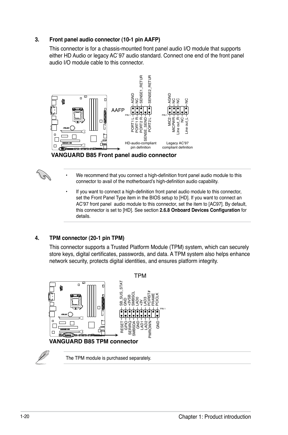 Vanguard b85 front panel audio connector, Vanguard b85 tpm connector | Asus VANGUARD B85 User Manual | Page 30 / 86