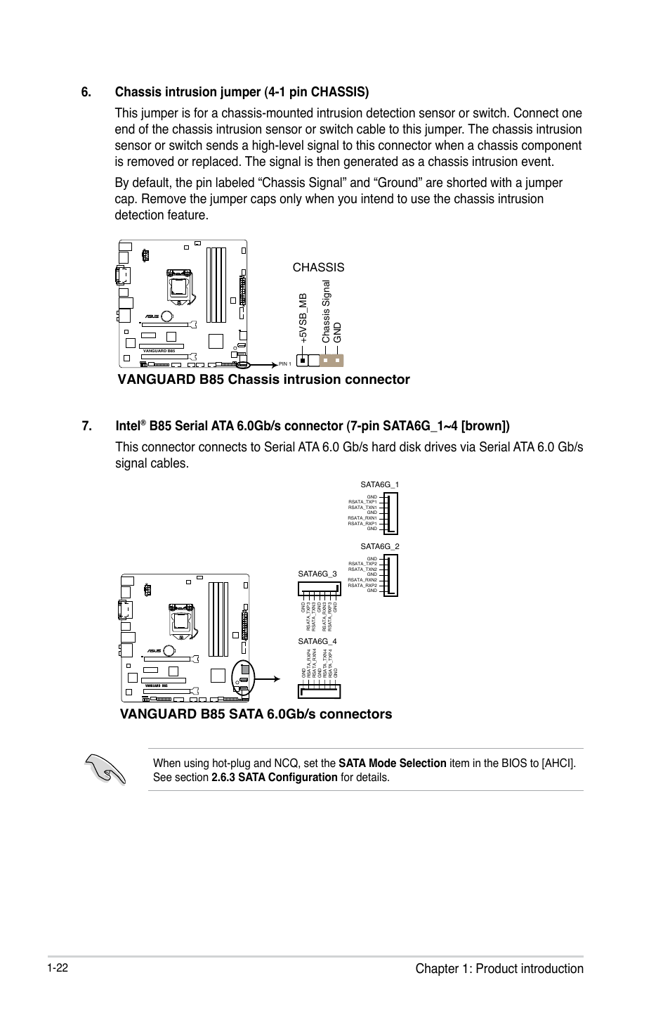 Vanguard b85 chassis intrusion connector, Intel, Vanguard b85 sata 6.0gb/s connectors | Chassis | Asus VANGUARD B85 User Manual | Page 32 / 86