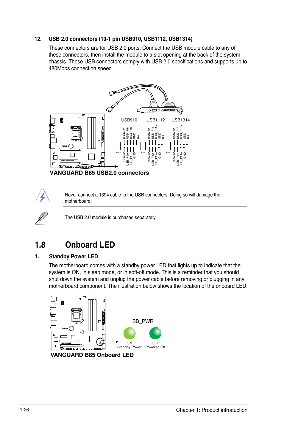 8 onboard led, Onboard led -26, Vanguard b85 onboard led | Vanguard b85 usb2.0 connectors | Asus VANGUARD B85 User Manual | Page 36 / 86