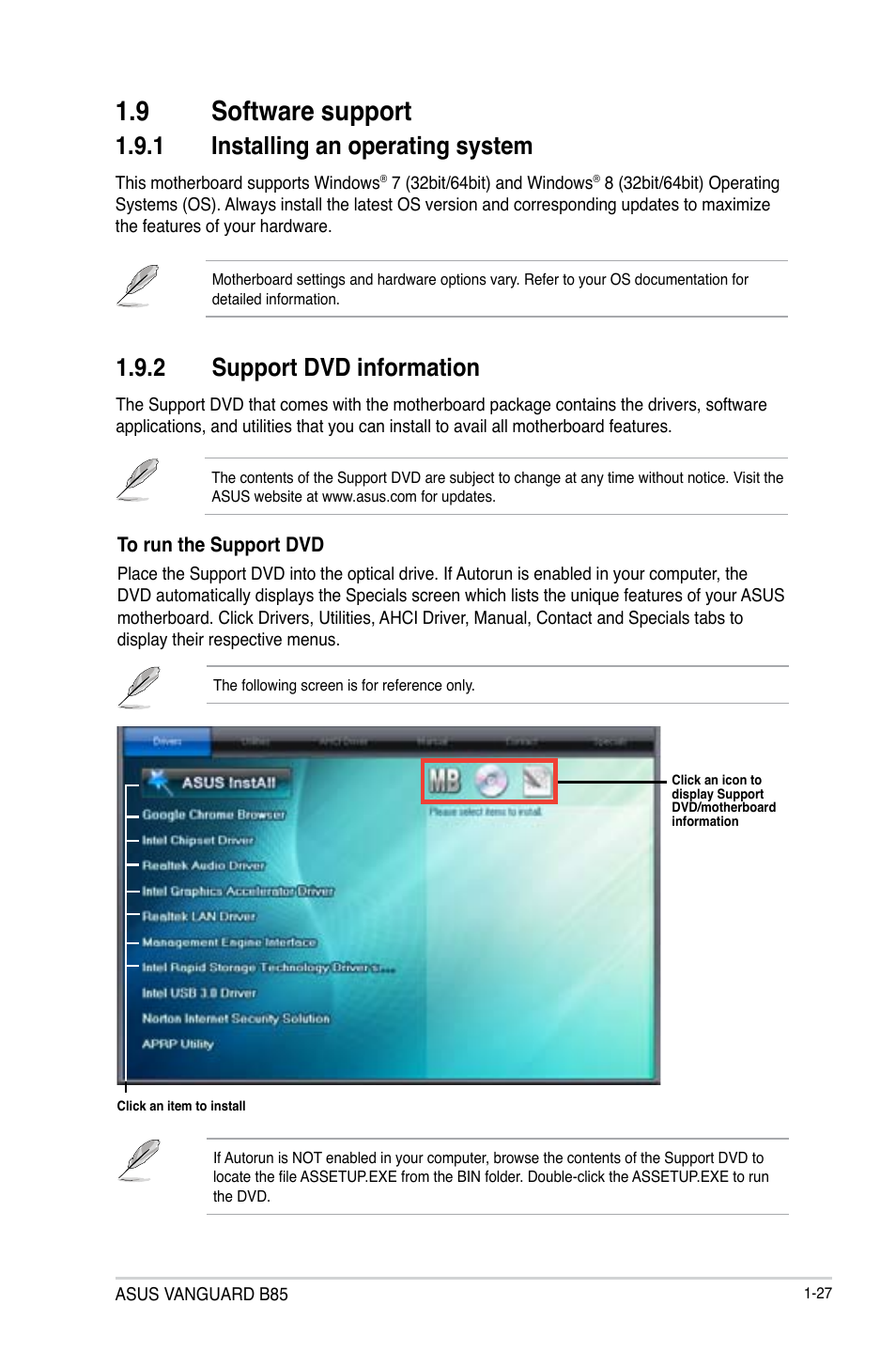 9 software support, Software support -27, 1 installing an operating system | 2 support dvd information | Asus VANGUARD B85 User Manual | Page 37 / 86