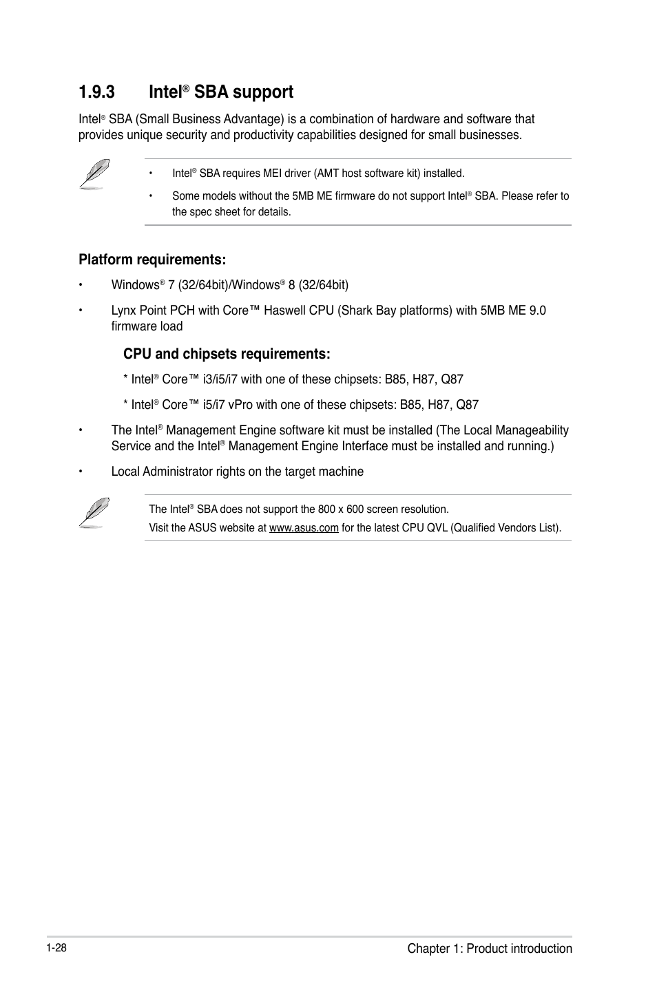 3 intel, Sba support, Platform requirements | Cpu and chipsets requirements | Asus VANGUARD B85 User Manual | Page 38 / 86