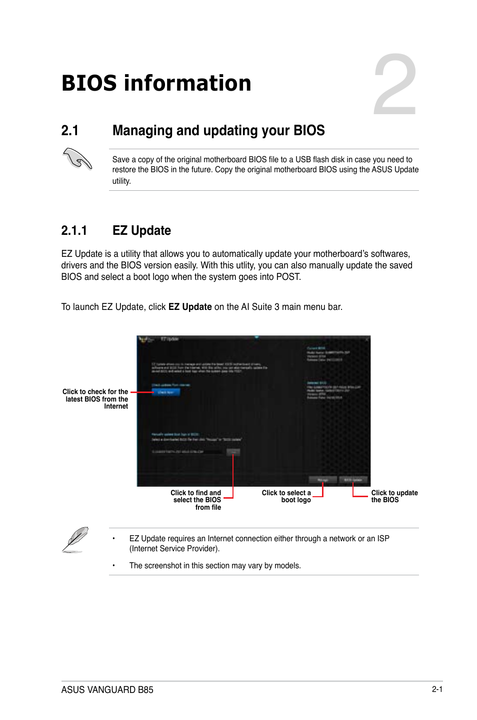 Bios information, 1 managing and updating your bios, Managing and updating your bios -1 | Asus VANGUARD B85 User Manual | Page 39 / 86