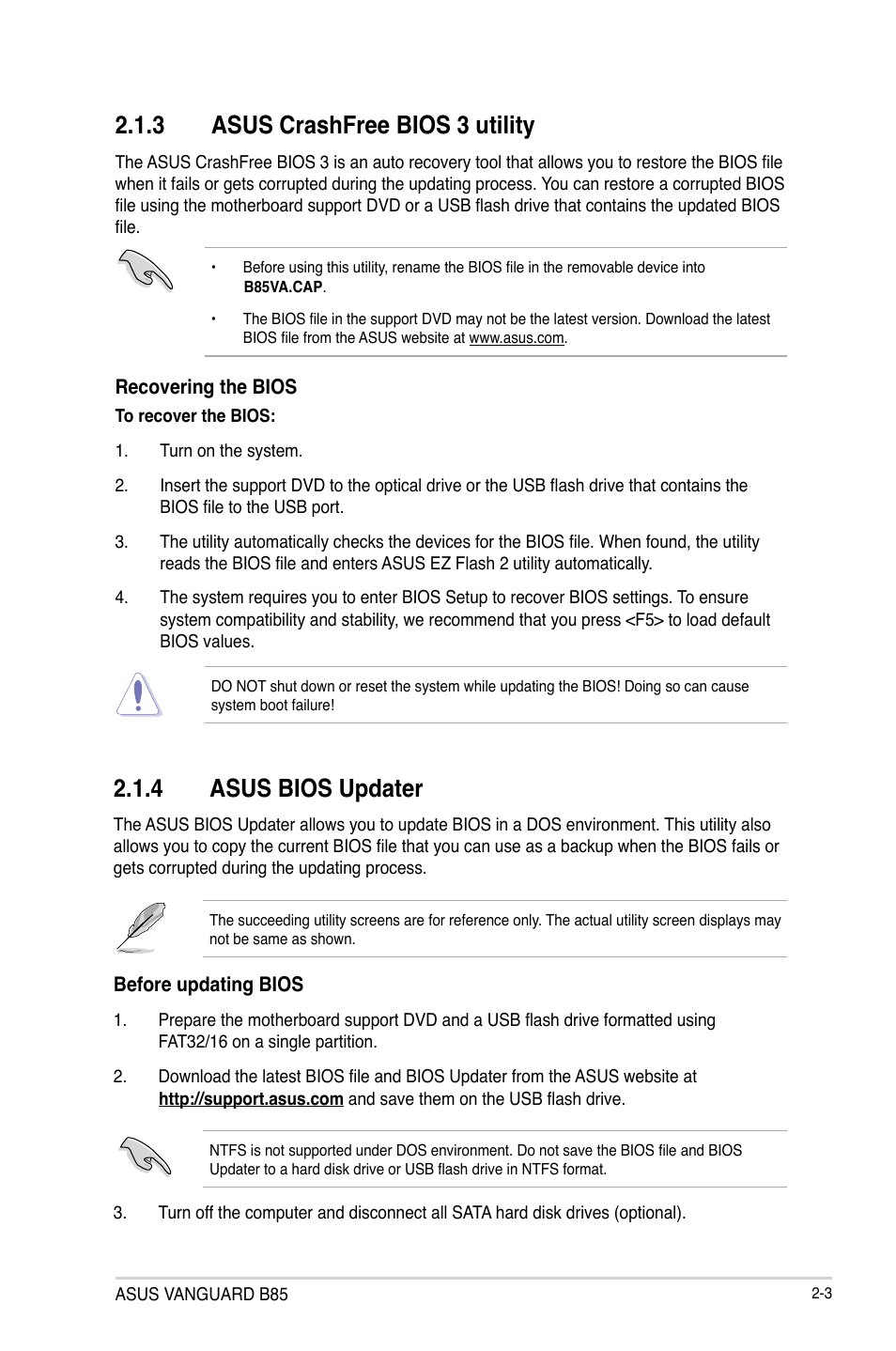 3 asus crashfree bios 3 utility, 4 asus bios updater | Asus VANGUARD B85 User Manual | Page 41 / 86