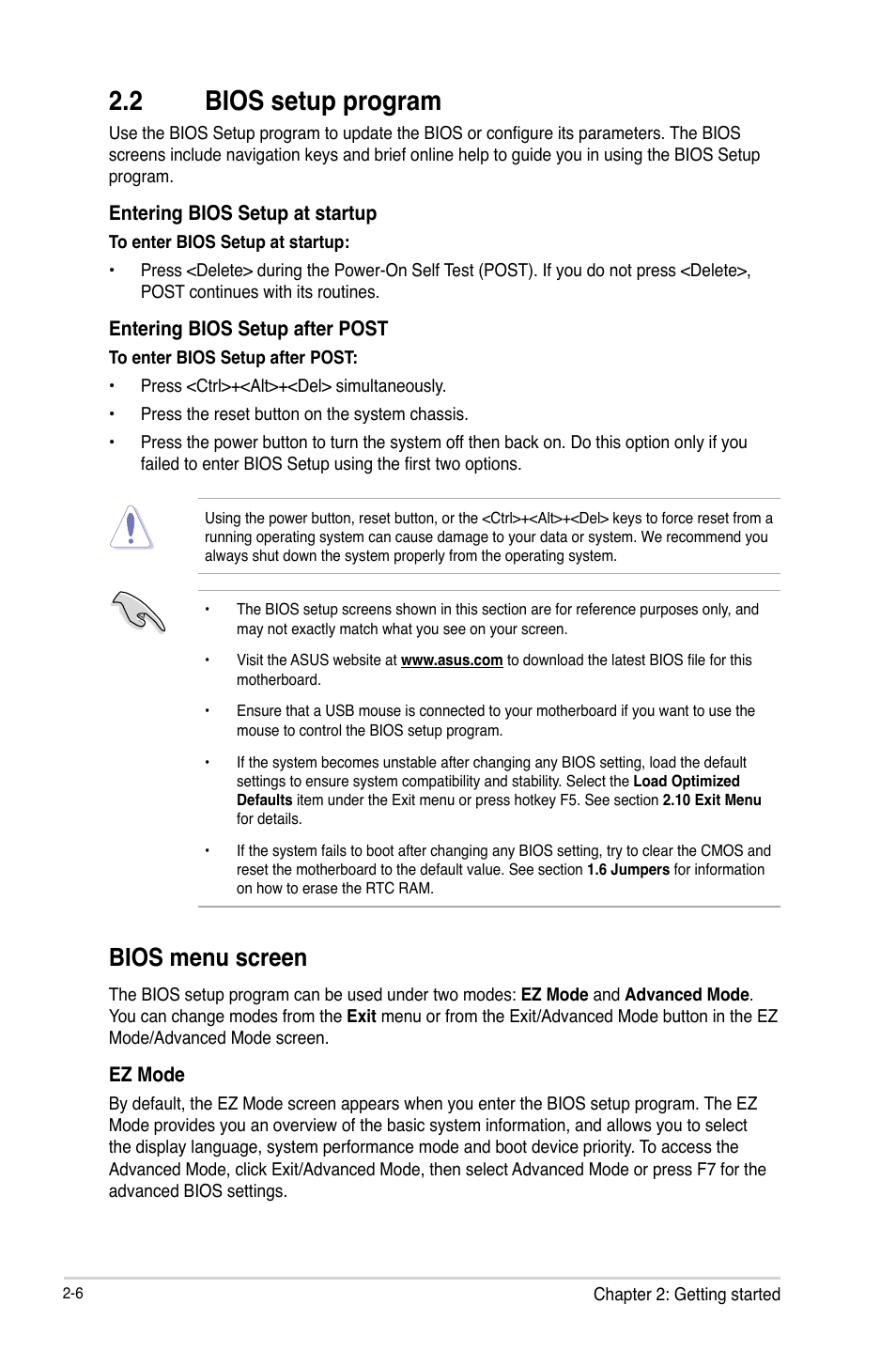 2 bios setup program, Bios setup program -6, Bios menu screen | Asus VANGUARD B85 User Manual | Page 44 / 86