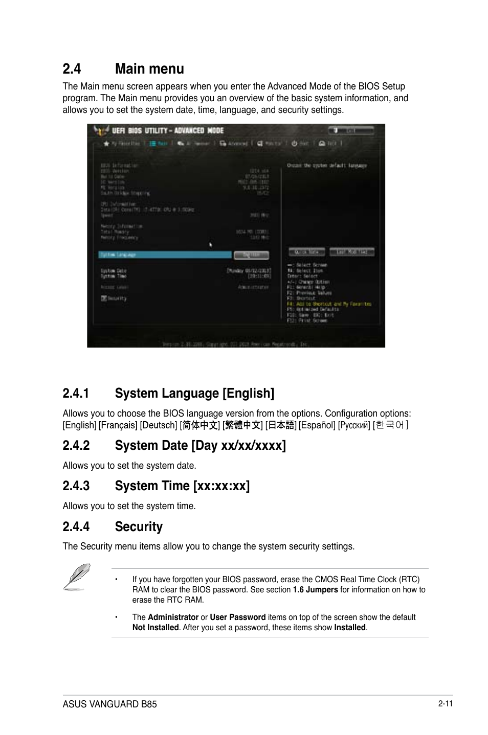 4 main menu, Main menu -11, 1 system language [english | 3 system time [xx:xx:xx, 4 security | Asus VANGUARD B85 User Manual | Page 49 / 86