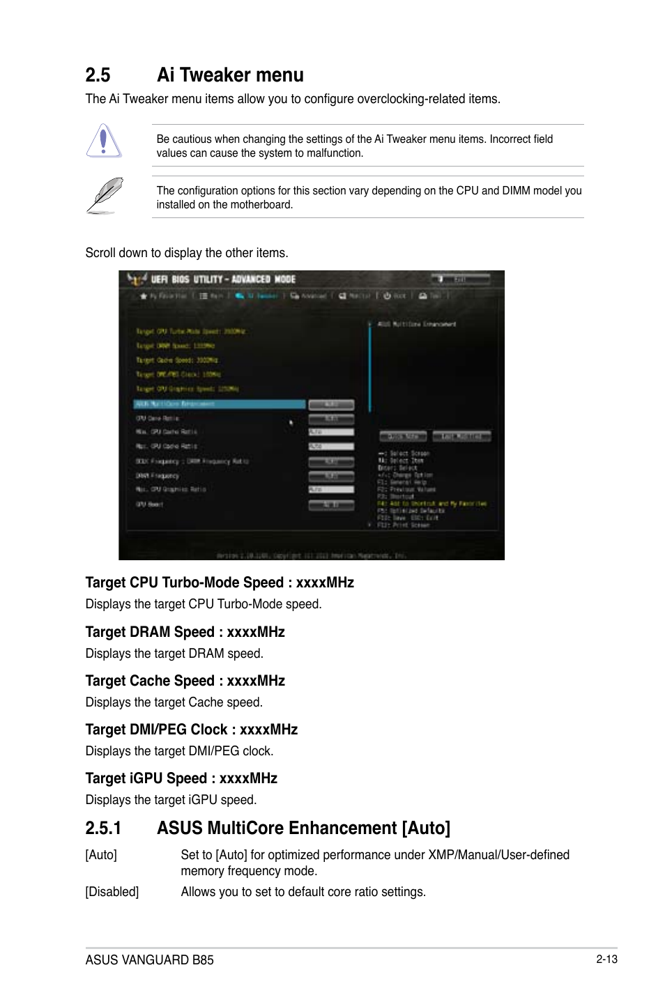 5 ai tweaker menu, Ai tweaker menu -13, 1 asus multicore enhancement [auto | Asus VANGUARD B85 User Manual | Page 51 / 86