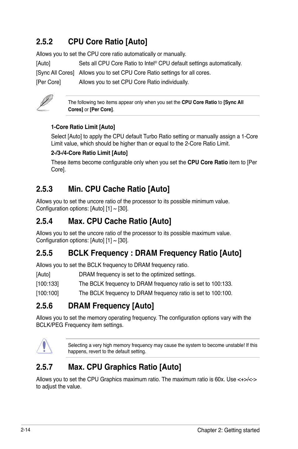 2 cpu core ratio [auto, 3 min. cpu cache ratio [auto, 4 max. cpu cache ratio [auto | 5 bclk frequency : dram frequency ratio [auto, 6 dram frequency [auto, 7 max. cpu graphics ratio [auto | Asus VANGUARD B85 User Manual | Page 52 / 86