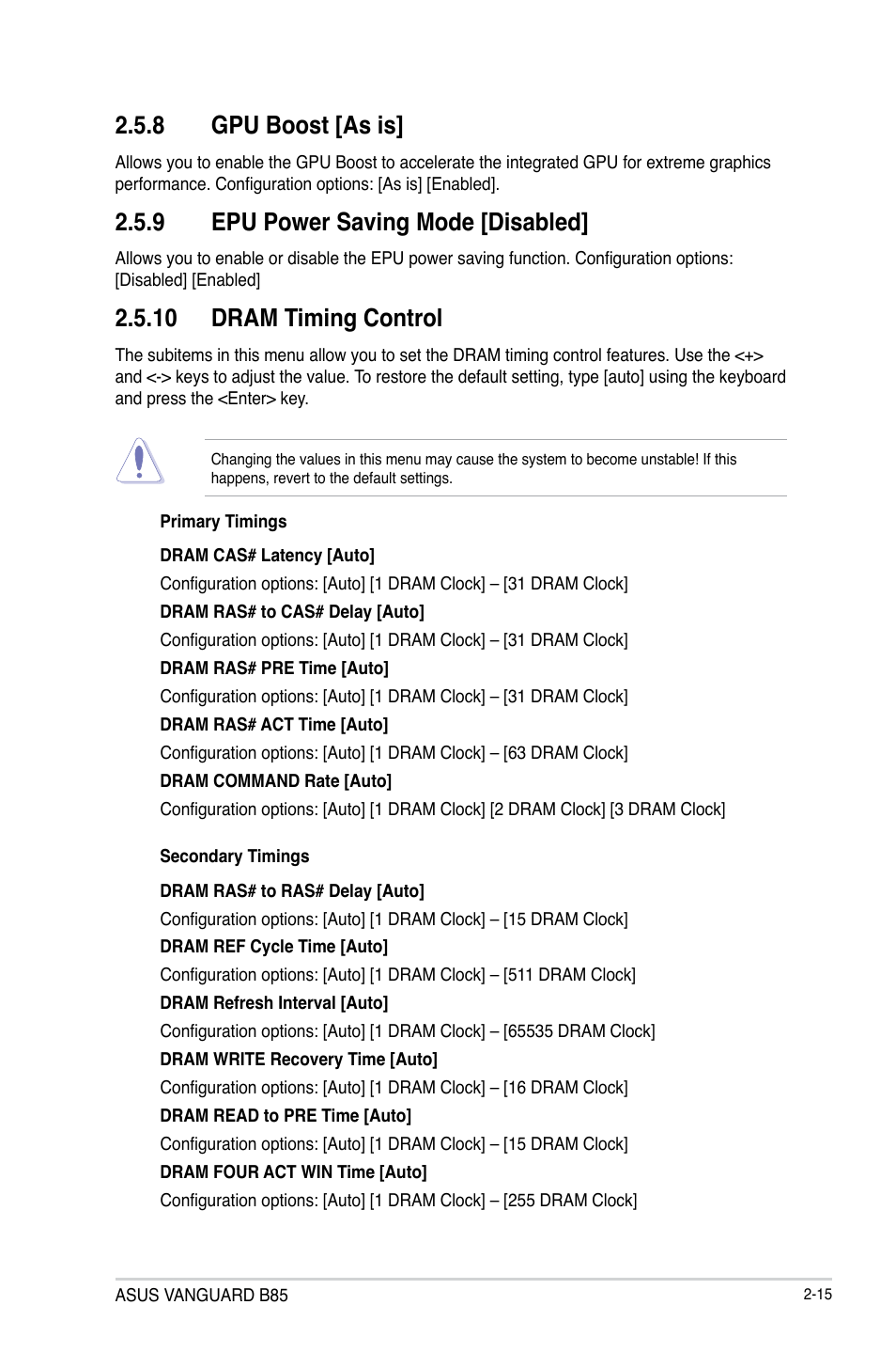 8 gpu boost [as is, 9 epu power saving mode [disabled, 10 dram timing control | Asus VANGUARD B85 User Manual | Page 53 / 86