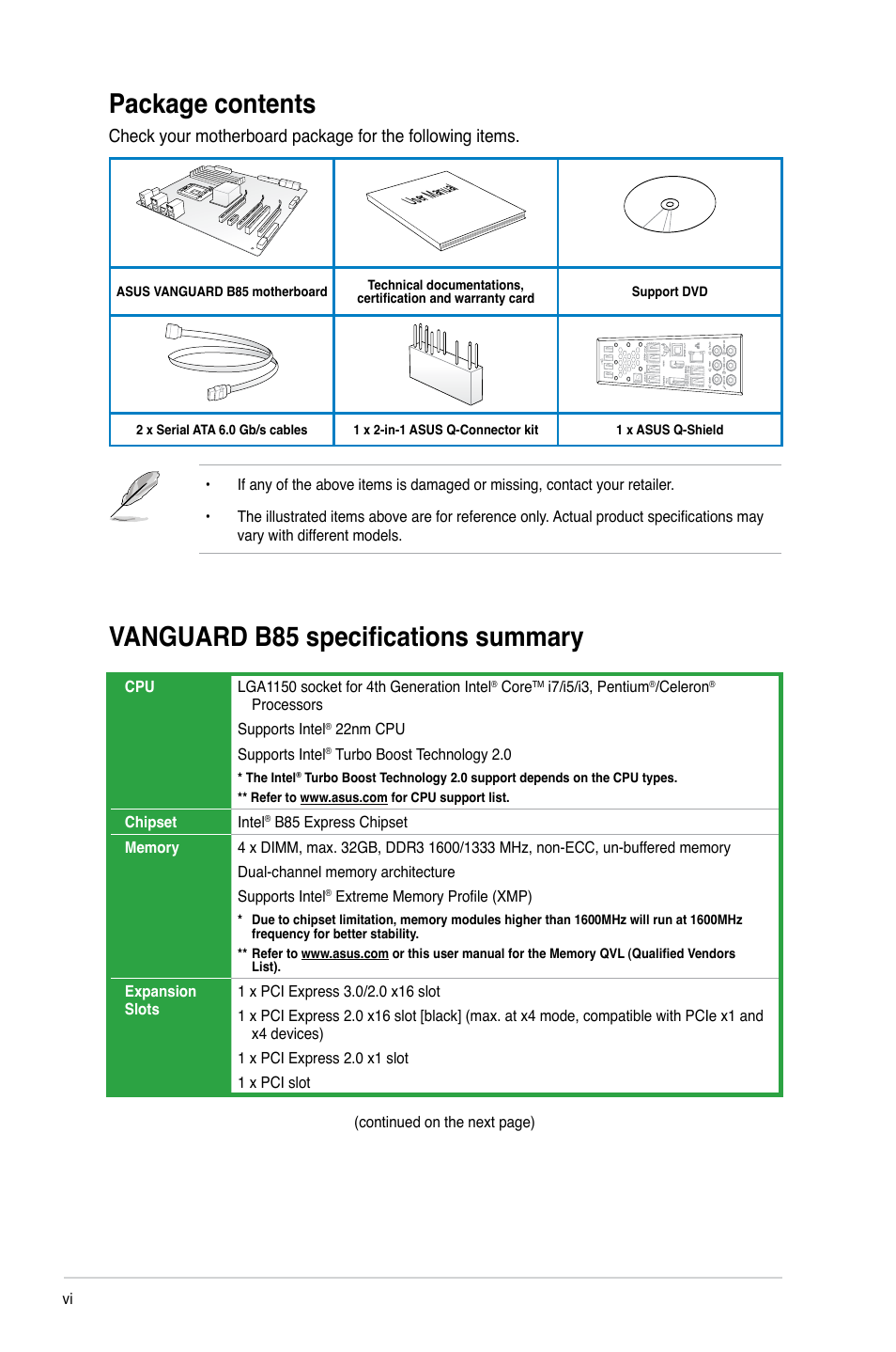 Package contents, Vanguard b85 specifications summary | Asus VANGUARD B85 User Manual | Page 6 / 86