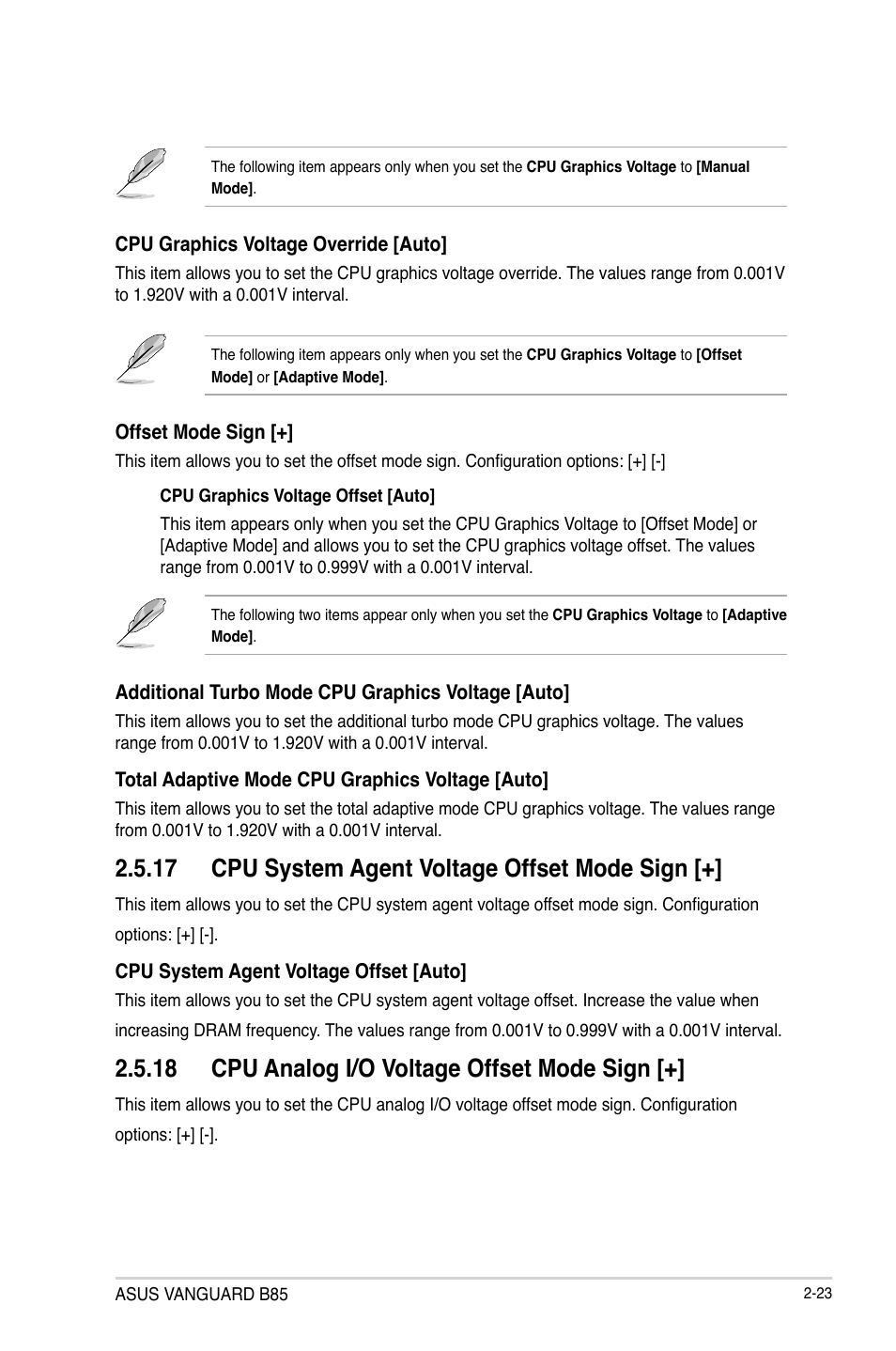 17 cpu system agent voltage offset mode sign, 18 cpu analog i/o voltage offset mode sign | Asus VANGUARD B85 User Manual | Page 61 / 86