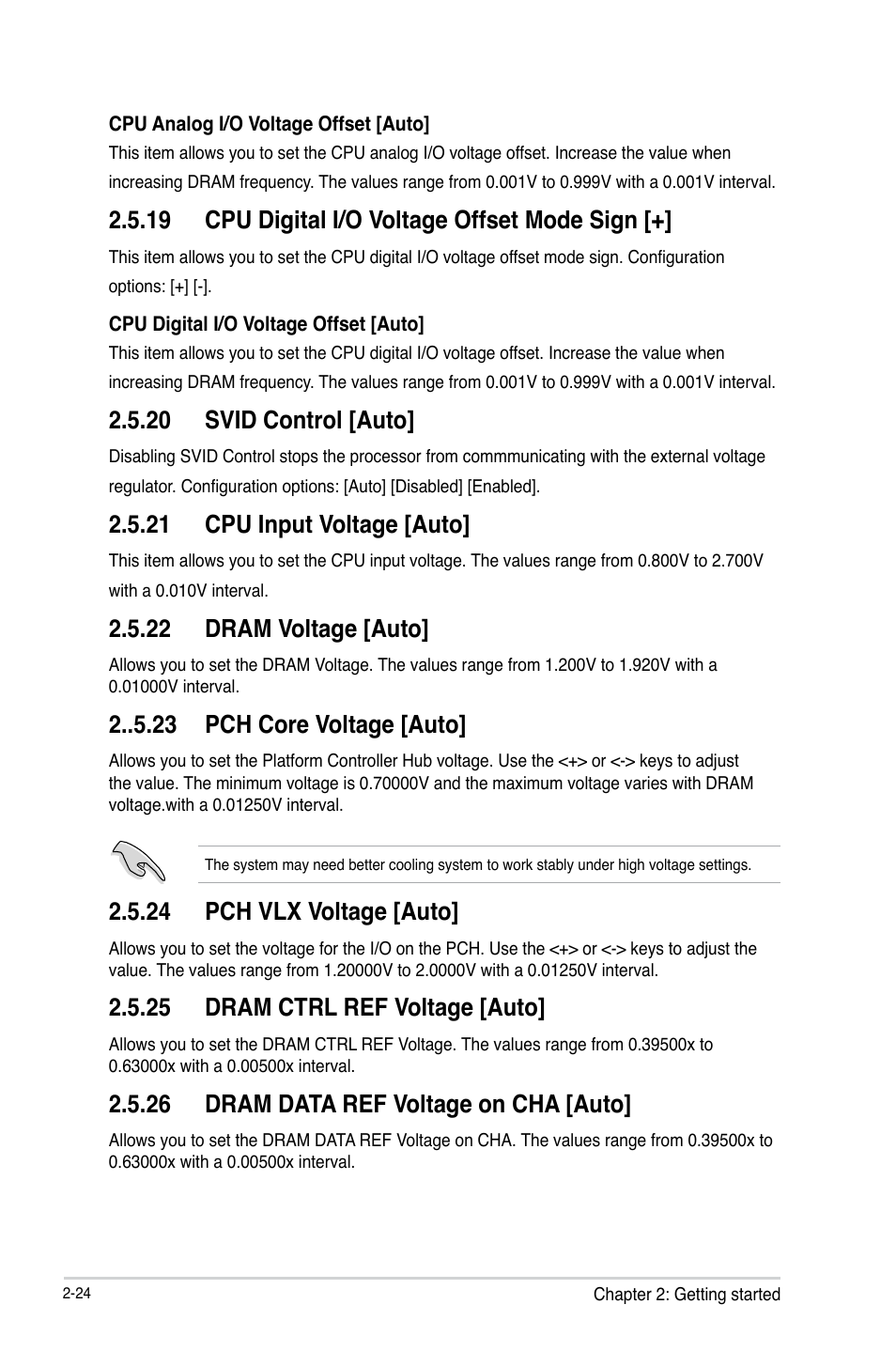 19 cpu digital i/o voltage offset mode sign, 20 svid control [auto, 21 cpu input voltage [auto | 22 dram voltage [auto, 2 pch core voltage [auto, 24 pch vlx voltage [auto, 25 dram ctrl ref voltage [auto, 26 dram data ref voltage on cha [auto | Asus VANGUARD B85 User Manual | Page 62 / 86