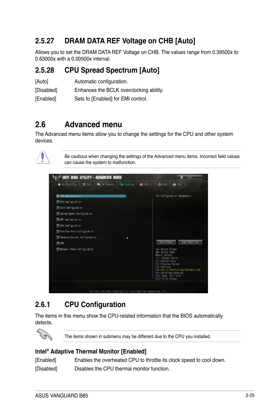 6 advanced menu, Advanced menu -25, 27 dram data ref voltage on chb [auto | 28 cpu spread spectrum [auto, 1 cpu configuration | Asus VANGUARD B85 User Manual | Page 63 / 86