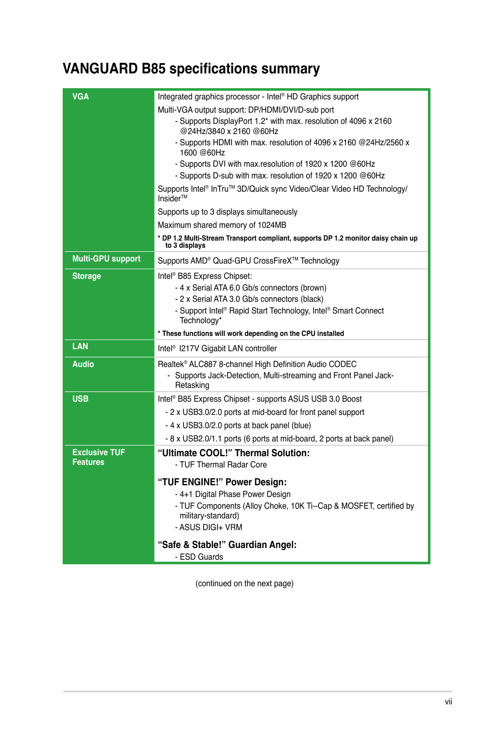 Vanguard b85 specifications summary, Ultimate cool!” thermal solution, Tuf engine!” power design | Safe & stable!” guardian angel | Asus VANGUARD B85 User Manual | Page 7 / 86
