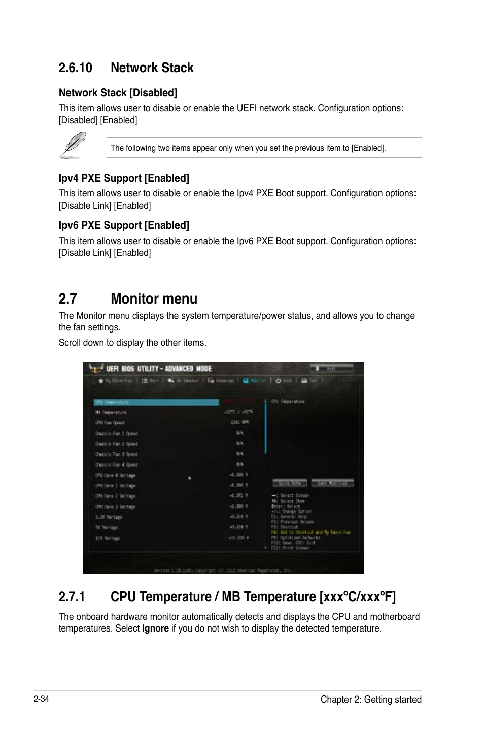 7 monitor menu, Monitor menu -34, 10 network stack | 1 cpu temperature / mb temperature [xxxºc/xxxºf | Asus VANGUARD B85 User Manual | Page 72 / 86