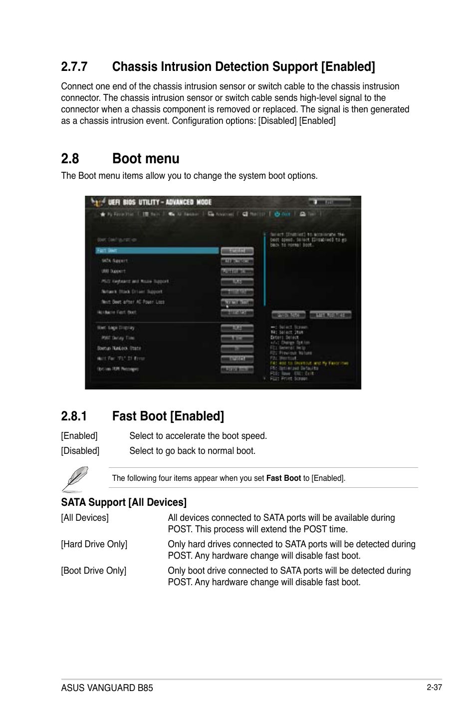 8 boot menu, Boot menu -37, 7 chassis intrusion detection support [enabled | 1 fast boot [enabled | Asus VANGUARD B85 User Manual | Page 75 / 86