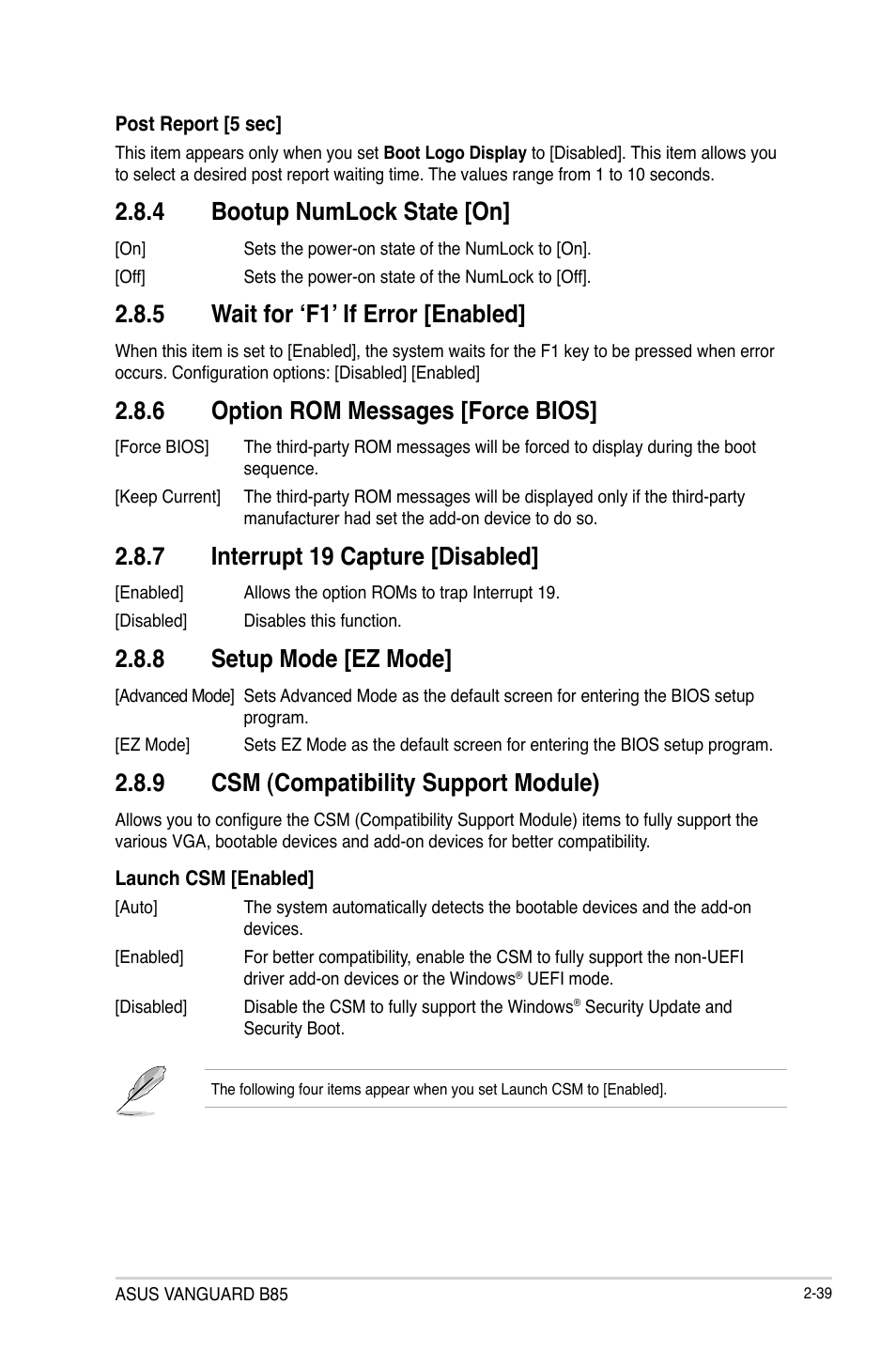 4 bootup numlock state [on, 5 wait for ‘f1’ if error [enabled, 6 option rom messages [force bios | 7 interrupt 19 capture [disabled, 8 setup mode [ez mode, 9 csm (compatibility support module) | Asus VANGUARD B85 User Manual | Page 77 / 86