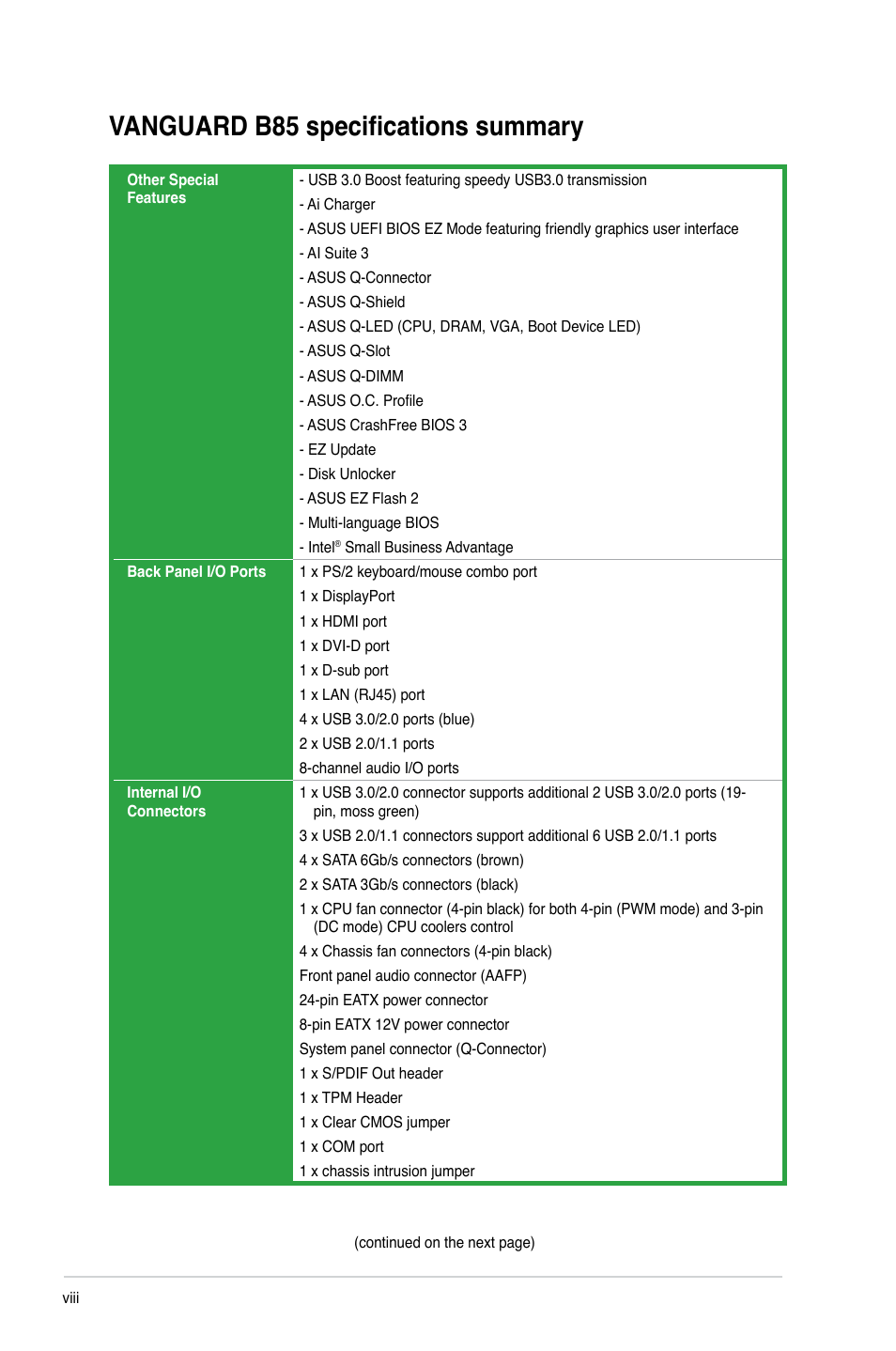 Vanguard b85 specifications summary | Asus VANGUARD B85 User Manual | Page 8 / 86