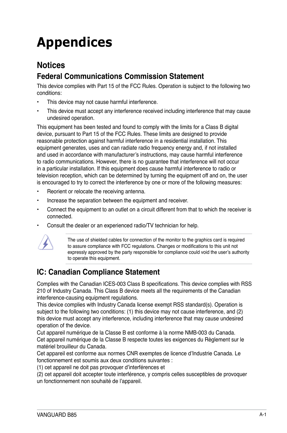 Appendices, Notices, Federal communications commission statement | Ic: canadian compliance statement | Asus VANGUARD B85 User Manual | Page 83 / 86