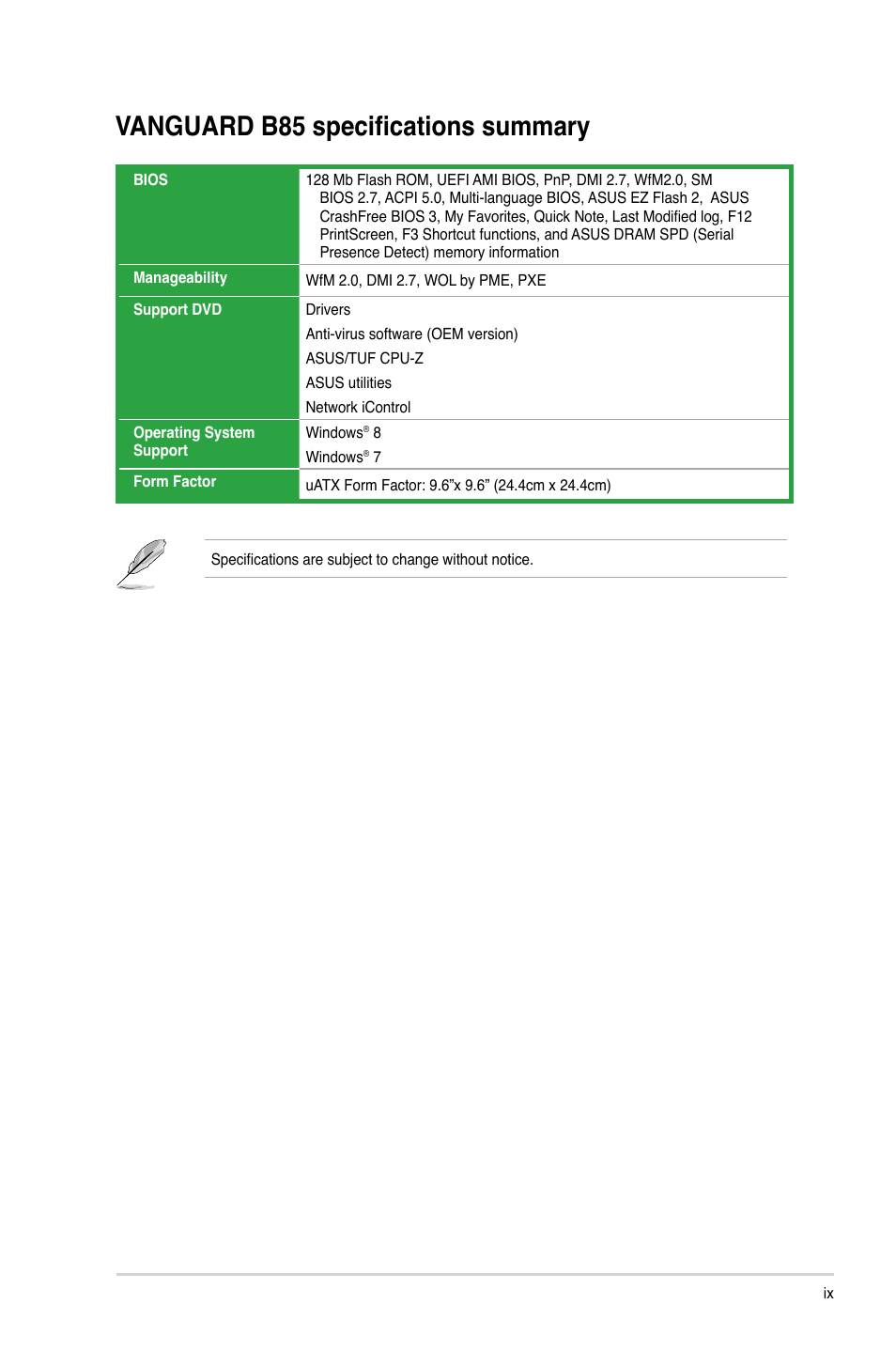 Vanguard b85 specifications summary | Asus VANGUARD B85 User Manual | Page 9 / 86