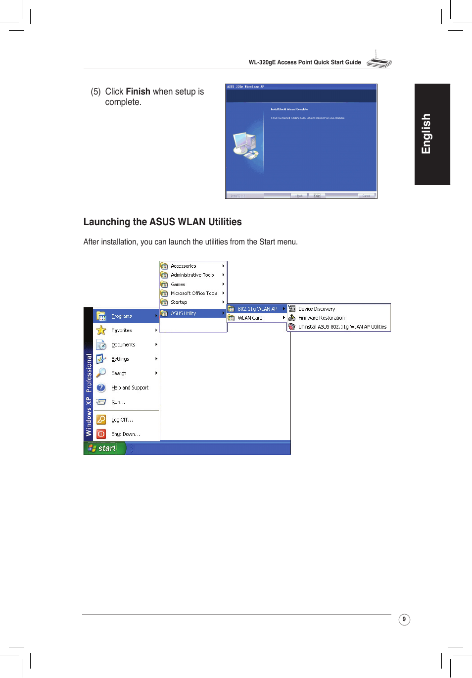 English, Launching the asus wlan utilities | Asus WL-320gE User Manual | Page 10 / 58