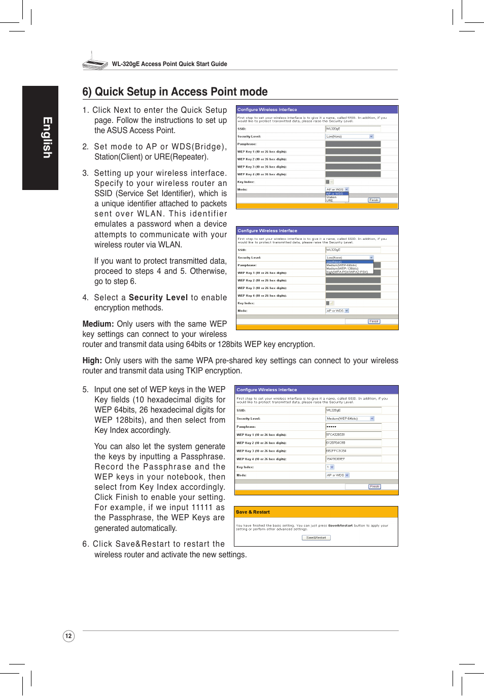 English 6) quick setup in access point mode | Asus WL-320gE User Manual | Page 13 / 58