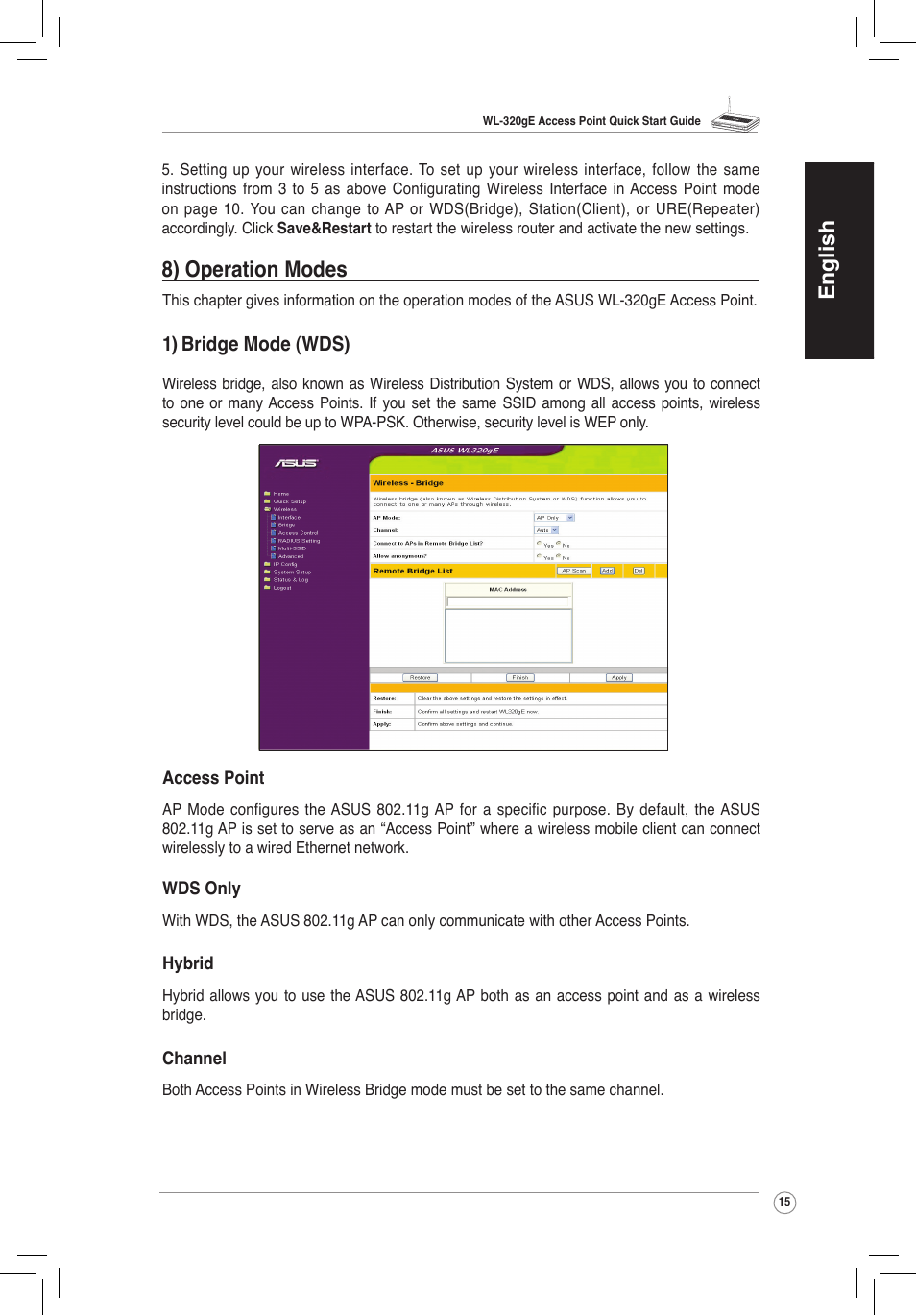 English, 8) operation mo��es, 1) bridge mode (wds) | Asus WL-320gE User Manual | Page 16 / 58