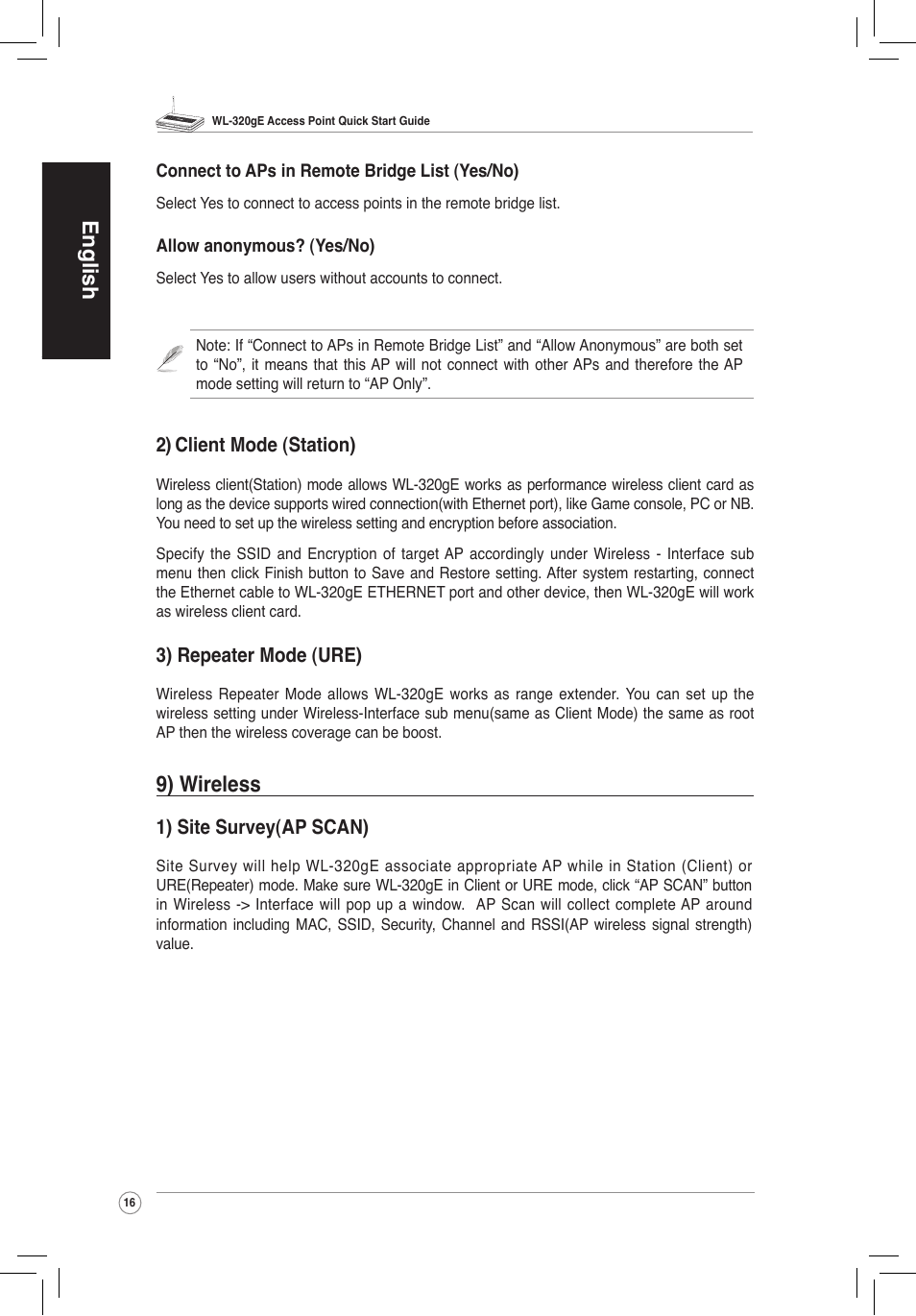 English, 9) wireless, 2) client mo��e (station) | 3) repeater mo��e (ure), 1) site survey(ap scan) | Asus WL-320gE User Manual | Page 17 / 58