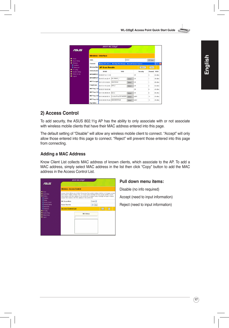 English, 2) access control | Asus WL-320gE User Manual | Page 18 / 58