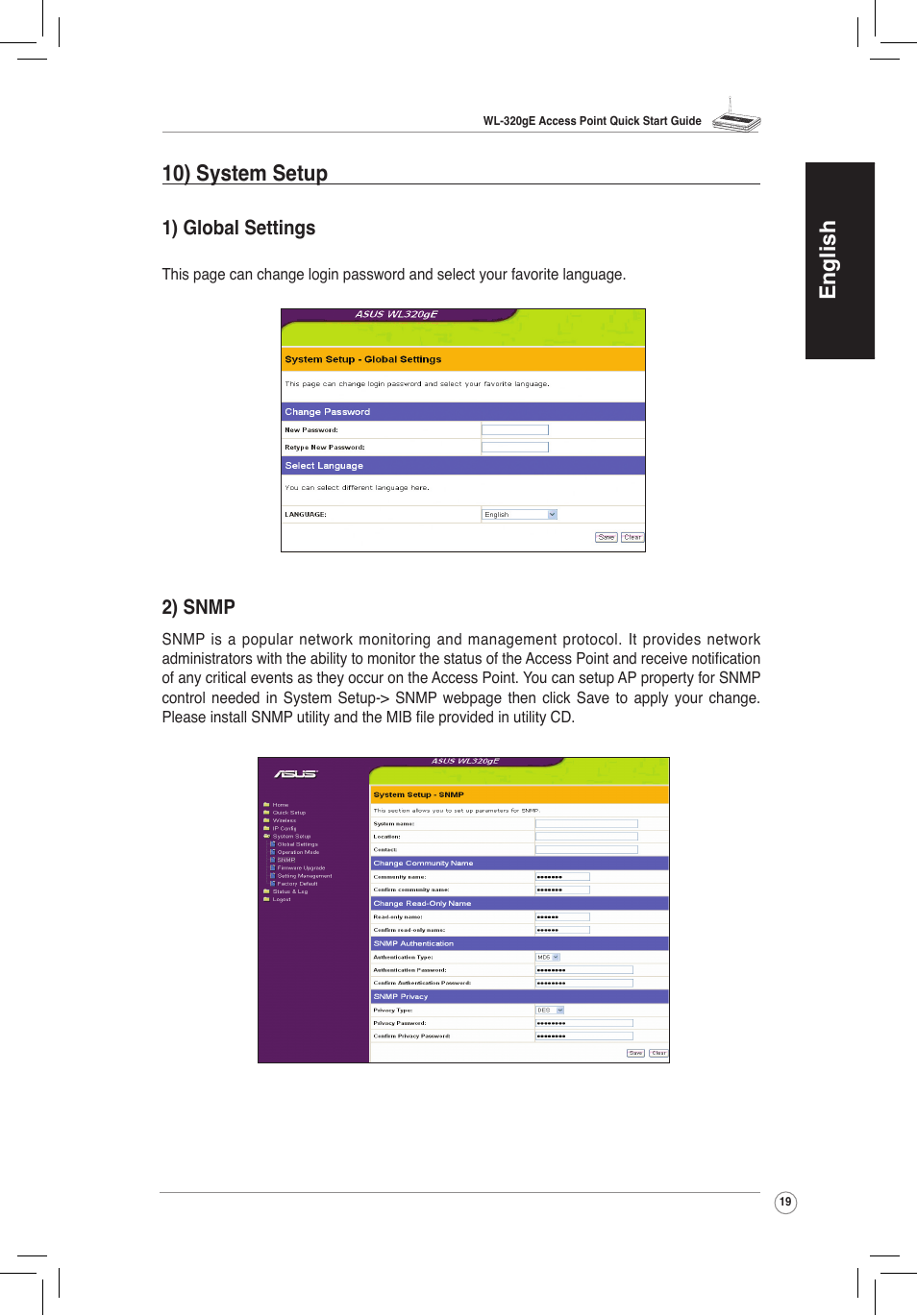 English 10) system setup, 1) global settings, 2) snmp | Asus WL-320gE User Manual | Page 20 / 58